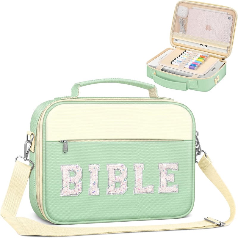 FINPAC Large Bible Cover w/Shoulder Strap, Carrying Book Case Church Bag Bible Protective w/Pen Slots and Zippered Pocket, Gift for Women Lady, Letter Green - Image 1